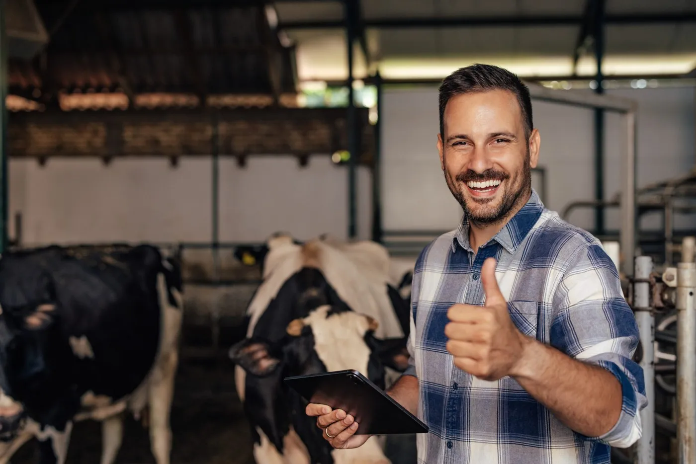 Landwirt im Stall zeigt zufrieden den Daumen nach oben